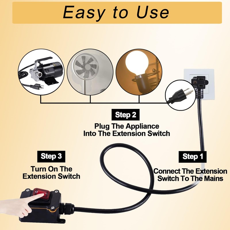Inline Cord Switch with 10-ft 14AWG Cable Piggyback Plug(3-Pronged), IP67