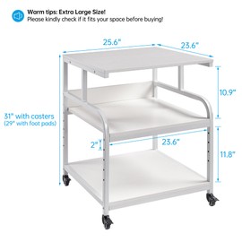 Fannova Printer Stand, 25.6" x 23.6" x 30.9" Extra Large Printer Table with Adjustable Storage Shelf, 3 Tier Rolling Printer Cart with Industrial Wheels for Home Office, White