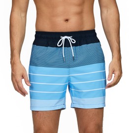 Vorvowry Men's Swimming Trunks, Quick-Drying Swimming Trunks, Breathable Swimming Shorts with Mesh Lining and Hidden Zip Pocket, Swimwear, Men's Board Shorts, Blue and white stripes