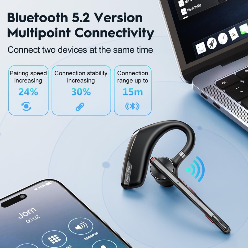 New bee Bluetooth Headset, Wireless Bluetooth Earpiece for Cellphone with
