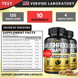 Satoomi 10in1 Mushroom Complex Supplements Capsules - 4 Month Supply - Blends with Lions Mane, Cordyceps, Reishi, Chaga, Maitake, Shitake & Others - 2 Packs 60 Capsules