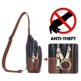 INICAT Crossbody Sling Bags Fanny Packs Leather Purses Chest Bag for Women(Black-brown Anti Theft)