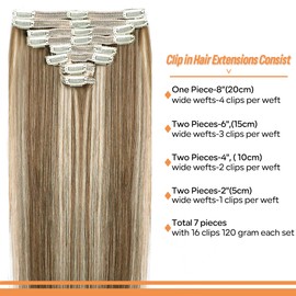 Pobokix Straight Clip In Hair Extensions Real Human Hair 8Pcs Clip In Balayage Chestnut Brown Highlight Blonde Human Hair Extensions with 18Clips Lace Weft 120g 16inch