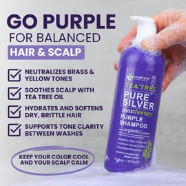 KESMEDIK Champú Morado Con Árbol De Té, Matizador Profesional Anti-Amarillos, Neutraliza Los Tonos Amarillos En Cabello Gris, Plateado, Ceniza Y Con Mechas Decoloradas, Alivia El Cuero Cabelludo Seco
