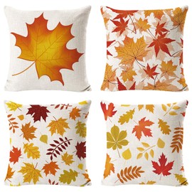 Pack of 4 Cushion Covers, Autumn Cushion Covers, 45 x 45 cm, Decorative Cushion Cover, Thanksgiving, Autumn Decorative Cushion Cover, Maple Leaf Linen Cushion Cover for Sofa, Bed, Home Decor (B)