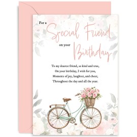 Special Female Birthday Card for Her - Floral Bicycle Basket Birthday Card for Special Friend - Female Friend Birthday Card - Pastel Flower Wreath Greeting Card for Her