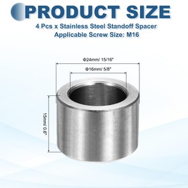 MECCANIXITY 4pcs M16 Metal Spacers, M16 IDx24mm ODx15mm Length Stainless Steel Spacer Round Unthreaded Standoff Bushing Plain Finish for Screw Bolts, Silver 16x24x15mm