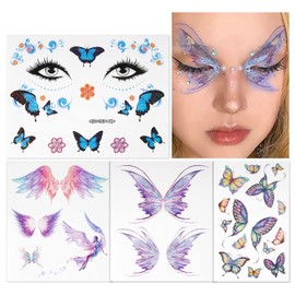BETESSIN 4 Temporary Tattoos Butterfly Glitter Tattoo Face Body Sticker Water Transfer Angel Wings Tattoos Waterproof Stickers for Music Festival Ball Party Cosplay