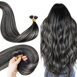 LaaVoo Nano Bead Hair Extensions Human Hair Black Nano Hair Extensions Human Hair 16 Inch Balayage Black to Silver Nano Tip Hair Extensions Real Human Hair 50g 50s
