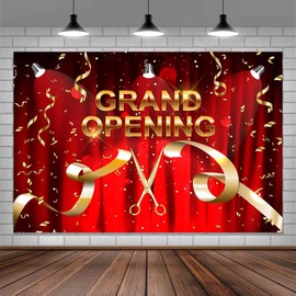 10x8 ft Grand Opening Backdrop Red Curtain Gold Ribbons Cutting Scissors Background New Store Business Office Grand Opening Party Banner Decor Photoshoot Props