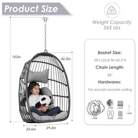 RADIATA Egg Chair Without Stand Luxury Outdoor Patio Wicker Hanging Swing Egg Chairs with Water Resistant Cushions for Patio Backyard Balcony (Gray)