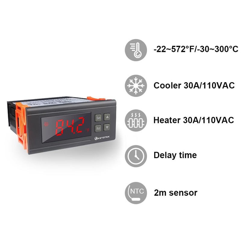 KETOTEK KT8230 Digital Temperature Controller Thermostat Regulator 120VAC 30A Fahrenheit