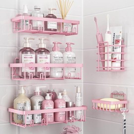 [Valentine Special] Shower Caddy 5 Pack, Bathroom Shower Organizer Rack for Inside Shower, Adhesive Shower Shelf, Shampoo Holder, Shower Basket, Metal Wall Storage, Pink