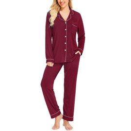 SWOMOG Womens Pajamas Set Long Sleeve Sleepwear Button Down Nightwear Soft Pj Lounge Sets A-wine Red