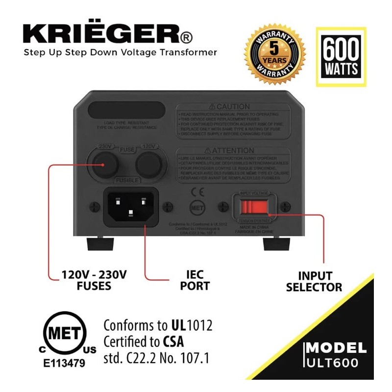 Krieger Kriëger Step Up/Step Down 600W Voltage Converter Transformer 110/120V