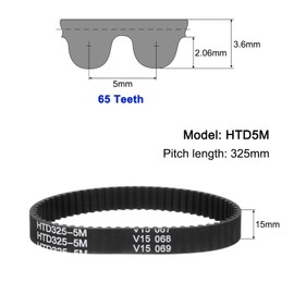 sourcing map 3pcs HTD-5M Rubber Timing Belt 65 Teeth, 325mm Pitch Length x 15mm Width x 3.6mm Height, Closed Loop Pulley Timing Belt