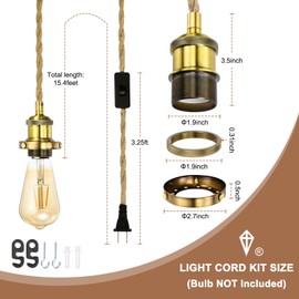 PATIKIL 15.4Ft Pendant Light Cord Kit, Plug in E26 Socket Hanging Light with Switch Industrial Vintage Twisted Rope for Farmhouse Lamp Fixture DIY, Gold