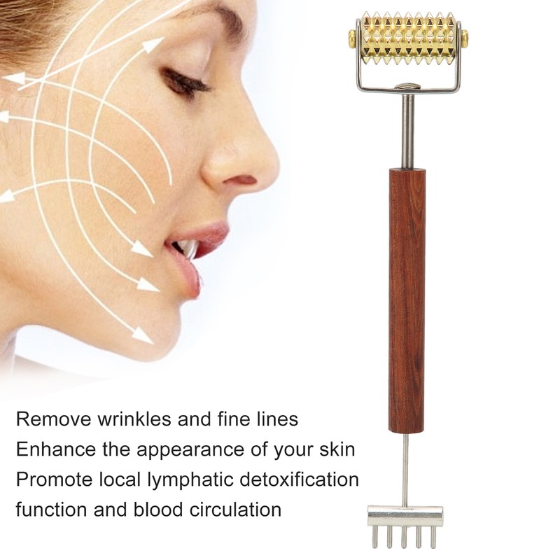 Face Massage Roller Copper Wooden Handle Promote Blood Circulation Double