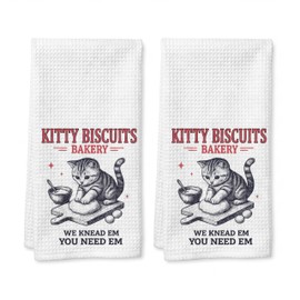 Peryiter Funny Cat Kitchen Towels Set of 2 Kitty Biscuits Bakery Cat Dish Towels 16 x 24 Inch Decorative Waffle Weave Hand Towel Kitchen Accessories for Cats Lovers Housewarming Gift Home Decoration