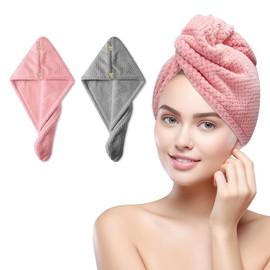 logei Microfibre Hair Towel, Pack of 2 Turban Towel with Button Hair, Quick-Drying, Thickened Hair Drying Towel, Super Absorbent Hair Turban Drying Towel for All Hair Types