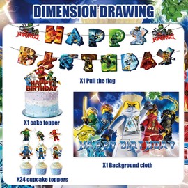 27pcs Ninja Party Decoration Pack Includes，Banner，Cake Topper，Blackdrop for Ninja party supplies