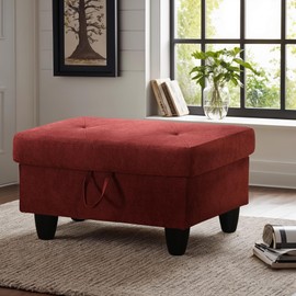 WRTEYEUI Ottoman Rectangular Storage Ottoman Bench, Flannel Footrest Stool Footstool with Lid for Living Room, Bedroom, Entryway, Red, 28.5"x19"x17.5"