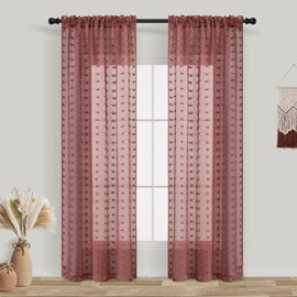 Guken Sheer Curtains 84 Inch Length 2 Panels Sets for Living Room Bedroom 38 Inch Width Farmhouse Boho Drapes Light Filtering Pom Pom Curtains Tufted Semi Sheer Kids Rod Pocket,Terracotta,W38xL84