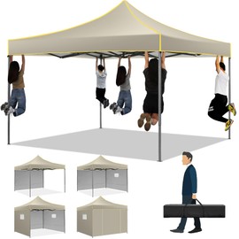 COBIZI 10x10 Heavy Duty Pop up Canopy Tent with 4 Removable Sidewalls, Canopy Tent with Portable Bag, Ez Pop up Tent Commercial Gazebo Waterproof Sunshade for All Weather Party Camp Stall Patio,Khaki