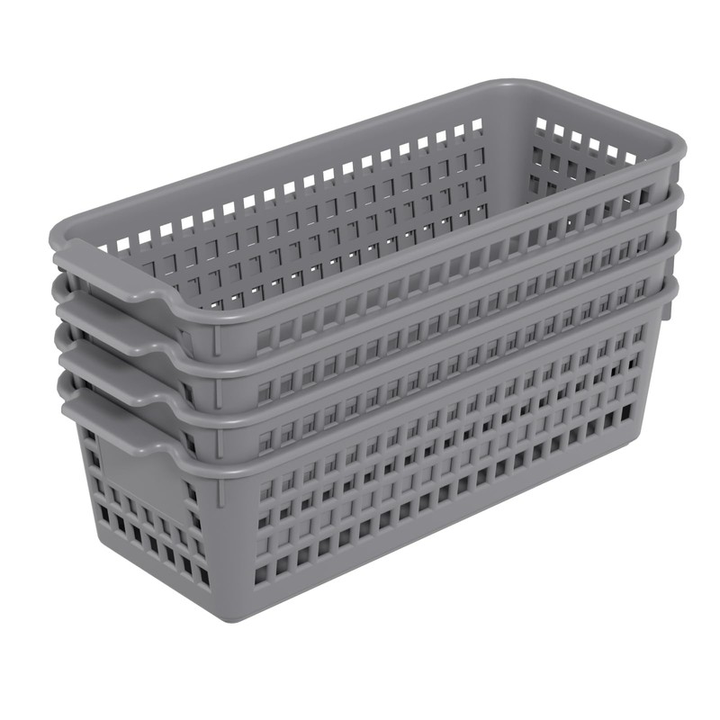 Ramddy Slim Plastic Storage Baskets, Gray Small Shelf Baskets, 4