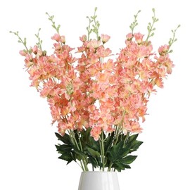 Delphinium - 8 flores artificiales de tallo largo, flores de alondra de seda de 33.5 pulgadas, tallos de delfinio sintético para florero alto, decoración de mesa de boda (coral