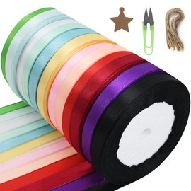 12 Rolls Coloured Polyester Satin Ribbon, Ribbons for Gift Wrapping with 50 Kraft Paper Gift Tags, Jute Twine and Scissors, Ribbons for Crafting, Double Sided Satin Ribbon for Balloons, Wedding