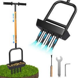 2-in-1 Manual Lawn Aerator Tool with Soil Core Storage Tray - 41.3" Heavy Duty Carbon Steel Garden Core Aerator Lawn Tool- Multifunctional Spike & Plug Aerator for Compacted Soil(Black + Orange)