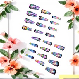 Colorful Butterfly Press on Nails Medium Ballet Shaped Colorful Love Feather Pattern Design Acrylic False Nail Full Cover Glossy Artificial Fingernails Reusable Press Ons Glue on Nails for Women 24Pcs