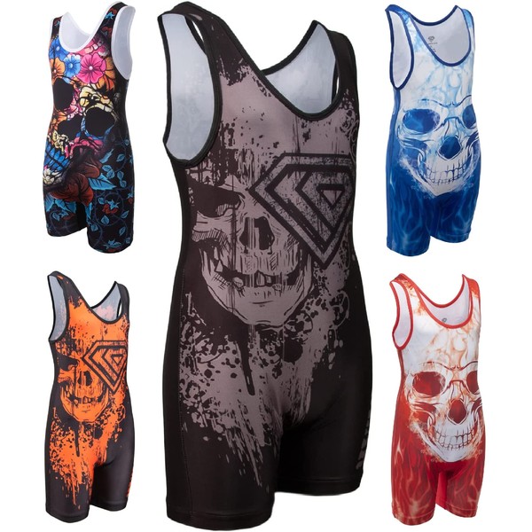 KO Sports Gear - Unisex Wrestling Singlet, Comfortable & Breathable, 4 Way Stretch, Gymnastics, Running, Weightlifting (Silver Skull, Youth Large)