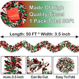 50 Feet Christmas Tinsel Garland Metallic Tinsel Twist Garland Christmas Tree Garland Decorations for Christmas Party Supplies Decor (Red, Green and White)