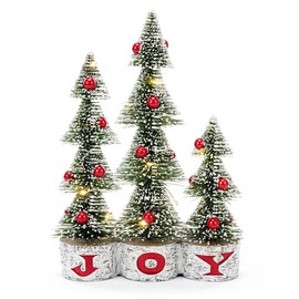 Napco Joy - LED Light-Up Bottle Brush Trees - 13 x 9.25 Inch Red and Green Resin Christmas Holiday Figurine