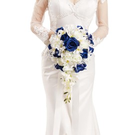 Floinla Bridal Bouquet Cascading, Royal Blue & Ivory Wedding Bouquets for Bride Bridesmaid 10" Artificial Flowers Bouquet for Wedding Decor
