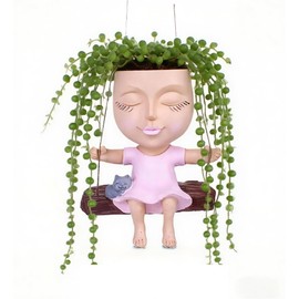 GAFBV Hanging Funny Face Planter Cute Resin Cactus Indoor Outdoor Plants Face Vase Girl Swinging with Cat Design Home Decor Succulent Pots(Plants not Included)