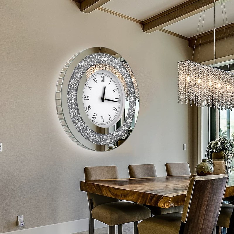 DMDFIRST Silver Round Mirror Clock 20x20inches Crystal Sparkle Twinkle Bling