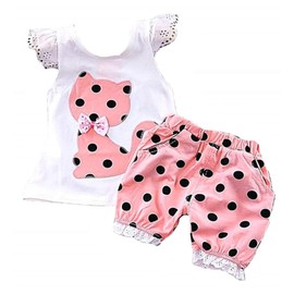 KIRALOVE Complete Baby Outfit Summer Tank Top Polka Dot Shorts Cat, pink