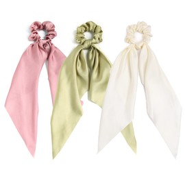 LFOUVRE 3PCS Hair Scarf Scruncheis for Women Knotted Bow Hair Ties Elastic Bands Satin Hair Ribbon Scrunchy Red Ponytail Holder for Women and Girls (Ivory green bean)