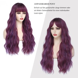 PARXITN Long Wigs for Women with Fringes 60 cm Adjustable Curly Wavy Ombre Purple Wigs Synthetic Hair Wig Cosplay Daily Use