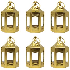 Vela Lanterns Mini Small 4.5 Inch Metal Moroccan Lantern Decorative Candle Tealight Holder for Centerpieces, Home Decor, Weddings, Gold, Set of 6