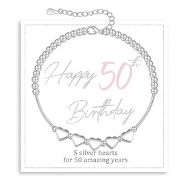 FENNELISA 50th Birthday Gifts for Women,Sterling Silver Heart Bracelet for Women Thoughtful 50th Birthday Gifts Ideas with Cards for Mum Daughter Ladies Sister Wife
