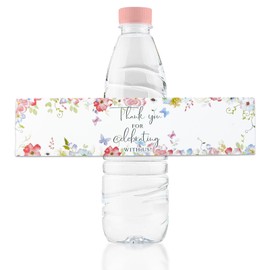 URROMA Water Bottle Labels, 50Pcs Thank You for Celebrating with Us Bottle Wraps Colorful Flower Butterfly Sticker for Wedding Baby Bridal Shower