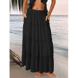 Trendy Queen Black Skirt for Women Summer Boho Maxi Skirts Swing Tiered A-Line Elastic High Waist Dress with Pockets Fashion Black S
