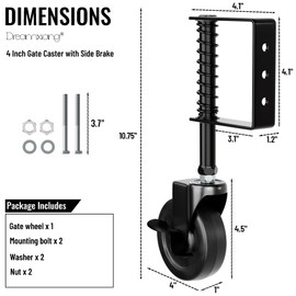 4" Spring Loaded Gate Caster with Side Brake, Heavy Duty Rubber Gate Wheel for Wooden Fence Gate with 360° Rotation, Farm Gate Support Helper for Wooden Metal Swing Gate, 220 Lbs Capacity, Black,1Pack