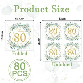 Pack of 80 Napkins, 80th Birthday Napkins, Eucalyptus Green, Eucalyptus Napkins, 80th Birthday Decoration, Premium Party Decoration for Adult Parties, Table Decoration with Birthday Motifs
