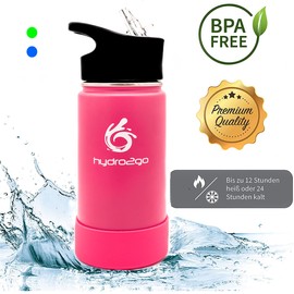 Hydro2go® Stainless Steel Children's Water Bottle, 350 ml Thermal Stainless Steel Drinks Bottle, BPA-Free for Children with 2 Drinking Caps, 100% Leakproof Children's Bottle, Double-Walled Thermos Flask, pink, 350 ml