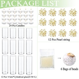 PNJHDZ Set of 12 Glass Cylinder Vases for Centerpieces with 80000 Water Beads 12 Pearl String 24 White Floating Candles for Centerpieces, Table Centerpieces for Wedding Party Home Decor 5, 6, 8 Inch